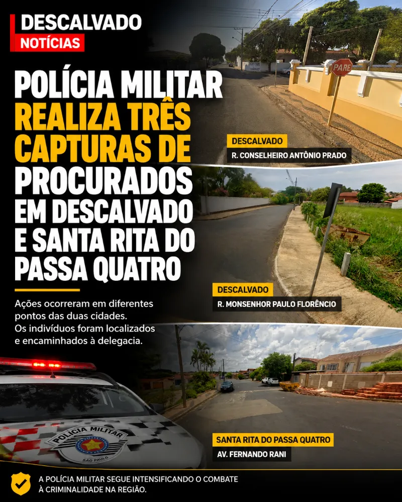 POLÍCIA MILITAR REALIZA TRÊS CAPTURAS DE PROCURADOS EM DESCALVADO E SANTA RITA DO PASSA QUATRO