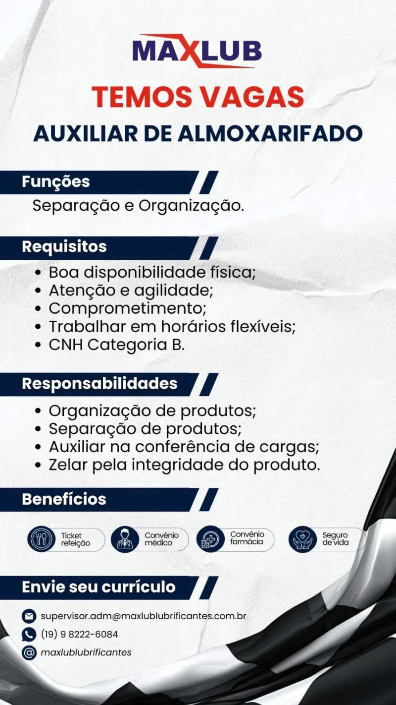 MAXLUB Abre Vaga para Auxiliar de Almoxarifado em Descalvado