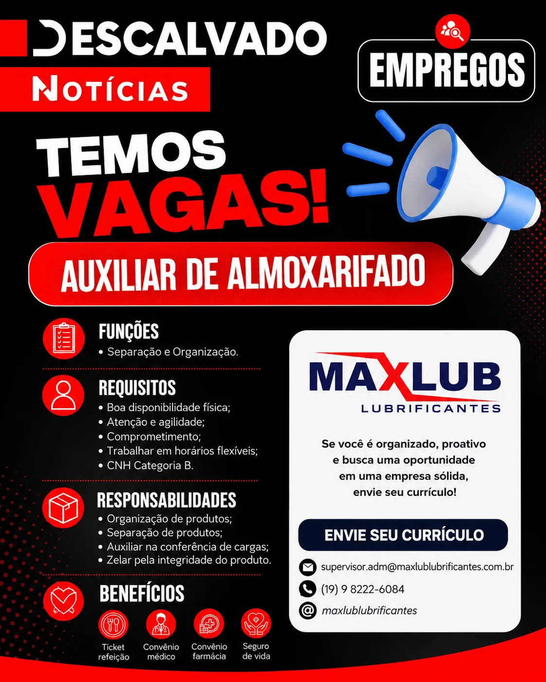 📢 OPORTUNIDADE DE EMPREGO | MAXLUB LUBRIFICANTES