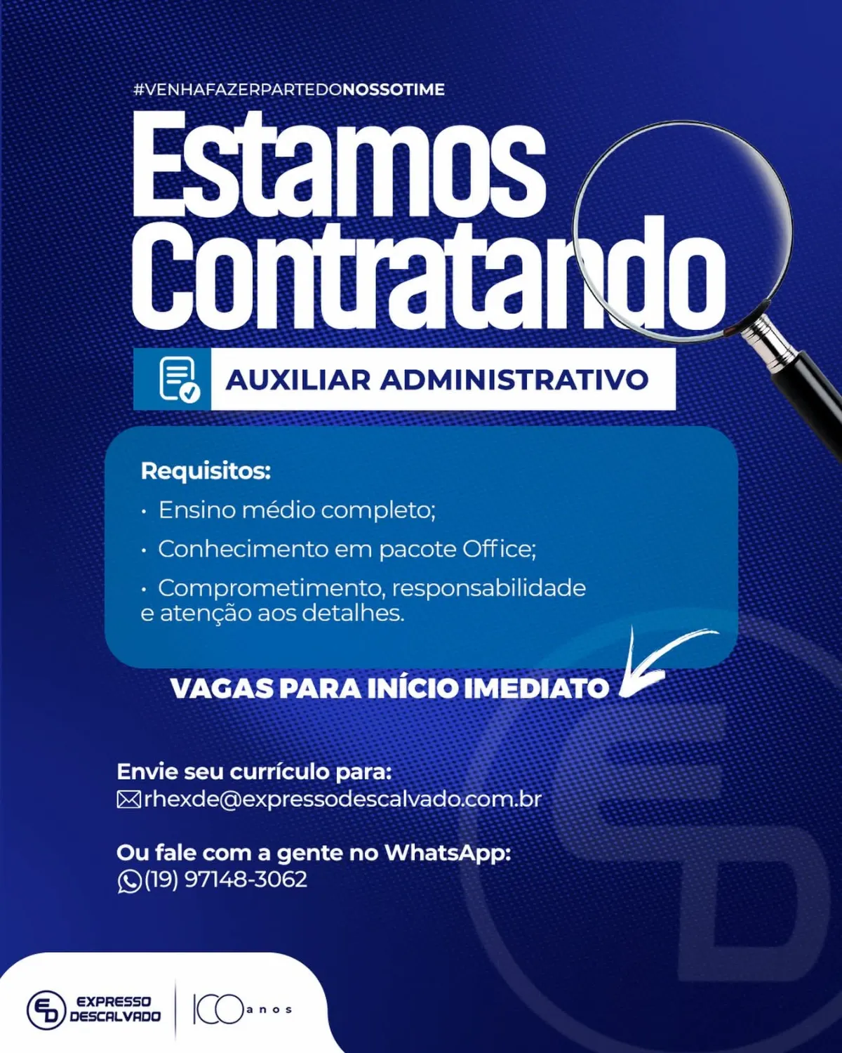 EXPRESSO DESCALVADO ABRE VAGA PARA AUXILIAR ADMINISTRATIVO COM INÍCIO IMEDIATO