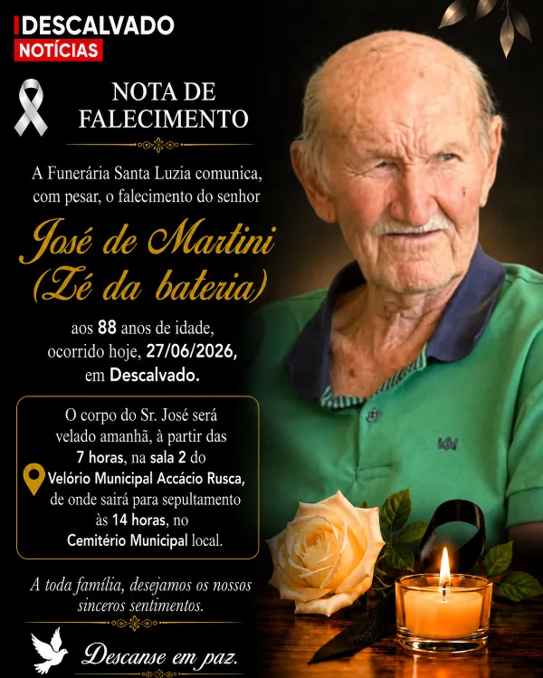 Nota de Falecimento  - José de Martini, carinhosamente conhecido como Zé da Bateria, aos 88 anos 