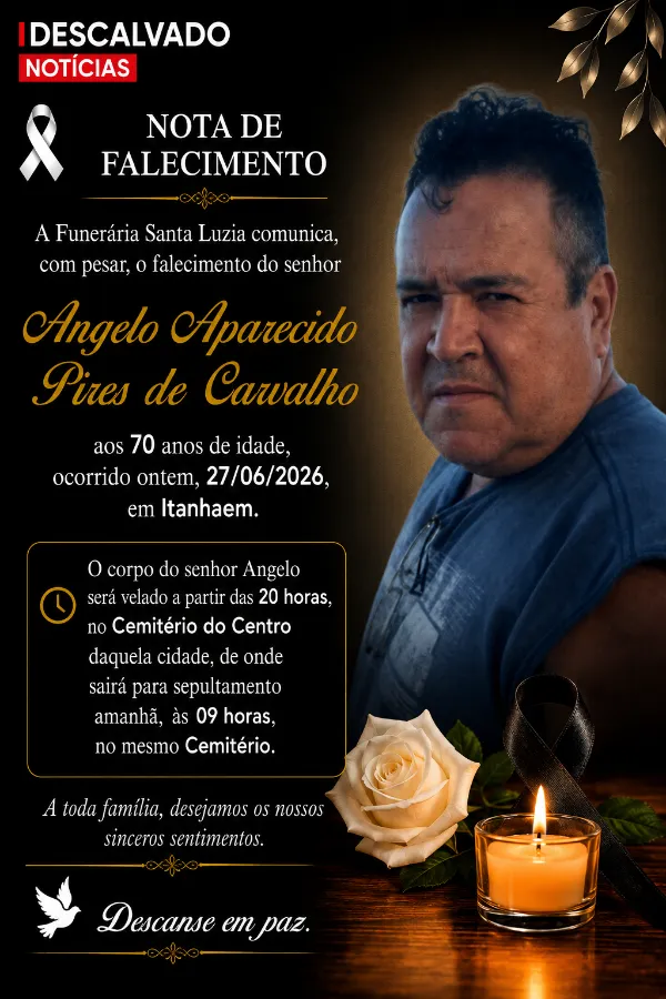 Nota de Falecimento  - Sr. Angelo Aparecido Pires de Carvalho aos 70 anos
